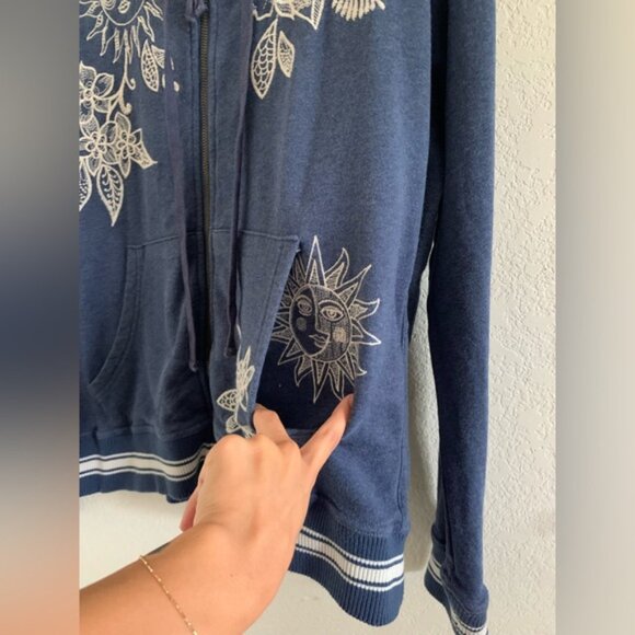 Johnny Was Addison Rib Detail Zip Up Indigo Blue Hoodie Sweatshirt Size Medium - Picture 3 of 12